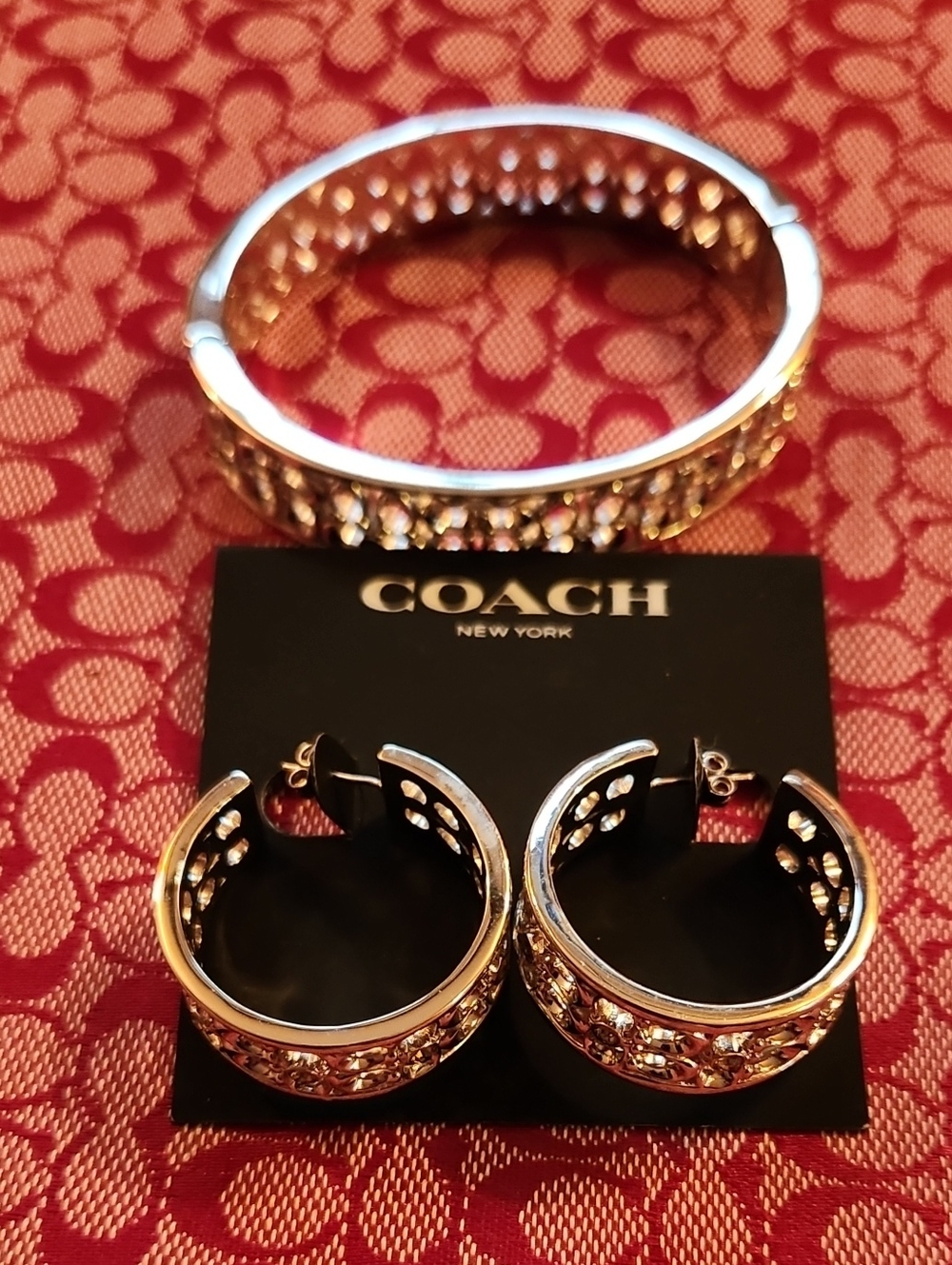 Coach Silver-Tone Crystal Hoop Earrings and Bangle Set.